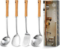 Pleafind 4-Pcs Cooking Utensils Set, Stainless Steel Kitchen Utensils with Wooden Hanlde, Kitchen Essentials Set Include Wok Ladle, Slotted Spoon, Wok Spatula and Slotted Spatula, Dishwasher Safe-Ruum Studio Home