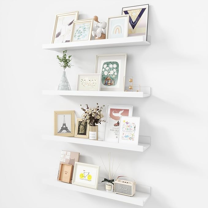 Picture Ledge Shelf, Wood Floating Shelves Set of 4, 24 inch Picture Ledge Shelves, Photo Ledge Nursery Book Shelves Wall Mounted for Living Room Kids' Room Bedroom, Color White-Ruum Studio Home