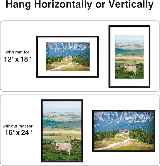Vittanly 16x24 Picture Frames Set of 9, Shatter Resistant Plexiglass, Display 12x18 Pictures with Mat or 16x24 without Mat, Photo Frames for Wall or Tabletop, PVC Frame, Black-Ruum Studio Home