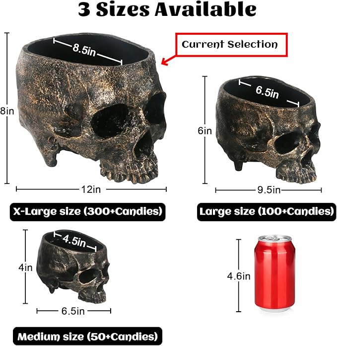 7lb Capacity Extra Large Halloween Skull Candy Dish - Deep Skull Head Halloween Candy Bowl Holder Artificial Resin Skulls Decor Indoor Outdoor Table Centerpieces Flower Pot Plant Office Pen Holder-Ruum Studio Home