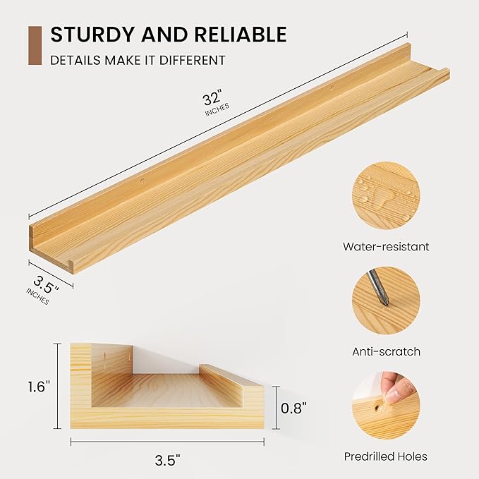 Picture Ledge Shelf, Solid Pine Wood Floating Shelves Set of 2, 32 Inches Nursery Book Shelves for Toys Storage, Kids Bookshelf Wall Mounted for Living Room Bedroom Decor Books Photo Frames, Natural-Ruum Studio Home
