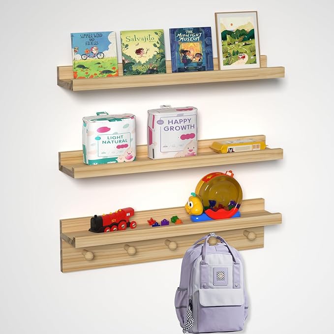 MBYD Natural Wood Floating Shelves, Unfinished Wood Picture Ledge, 24 Inch Picture Ledge for Kids Room, Floating Nursery Book Shelf with Hooks for Living Room, Kitchen, Bathroom-Ruum Studio Home