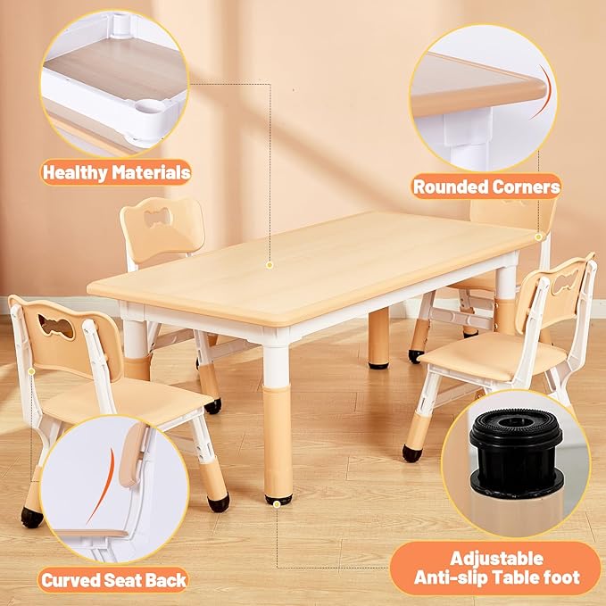 FUNLIO Kids Table and 4 Chairs Set for Ages 3-8, Height Adjustable Toddler Table and Chair Set, Easy to Wipe Arts & Crafts Table, for Classrooms/Daycares/Homes, CPC & CE Approved (5 pcs Set) - Natural-Ruum Studio Home