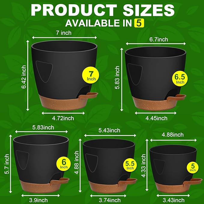 '- Uneed Plastic Flower Pot,5-Pack Plant Pots with Drainage 7/6.5/6/5.5/5 Inch,Self Watering Pots for Indoor Plants,Planters for Indoor Outdoor Plants (Black)-Ruum Studio Home