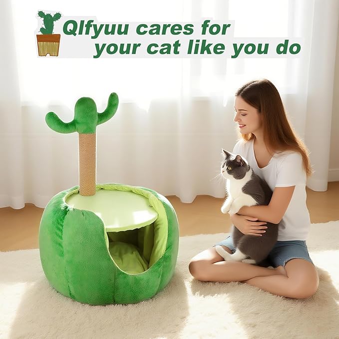 Cat Houses for Indoor Cats, Small Cat Tree with Sisal Ropes and Plush Perch, Cute Cat Bed Cave with Soft Pillow, Cactus Design-Ruum Studio Home