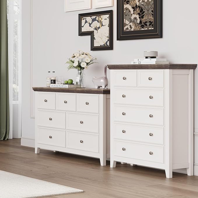 BLANKSPACE 7 Drawer Dresser, Modern Farmhouse Dresser Chest of Drawer for Bedroom, Chest of Drawers Storage Cabinet for Living Room, Entryway, Hallway, Antique White-Ruum Studio Home