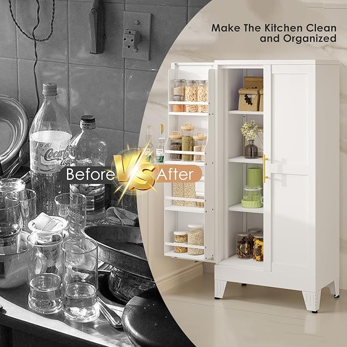51" H Metal Kitchen Pantry Storage Cabinet, Freestanding Cupboard Storage Cabinet with Doors and Adjustable Shelves, Large Stand Up Food Cupboard for Living Room, Dinning Room, White-Ruum Studio Home