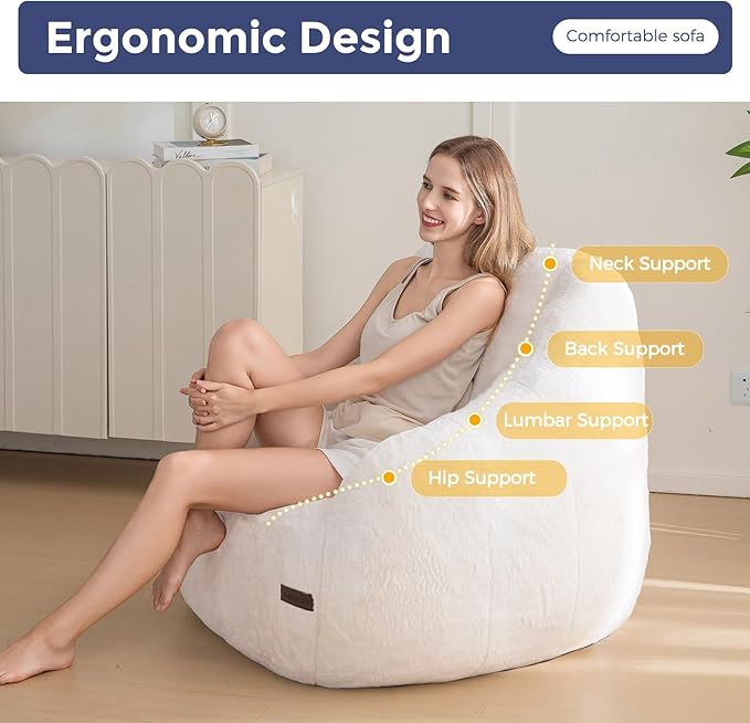MAXYOYO Bean Bag Chair, Comfy Bean Bag Sofa with Back Support, Faux Fur Bean Bag Chair for Adults and Kids, Stuffed Floor Sofa for Living Room, Bedroom, Apartment, Beige-Ruum Studio Home