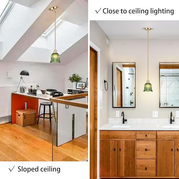 Modern Gold Pendant Light 3 Pack Brushed Brass Mid Century Chandelier Green Glass Shades Adjustable Rods Farmhouse Ceiling Hanging Lighting Fixture Kitchen Island Dining Room Bedroom-Ruum Studio Home