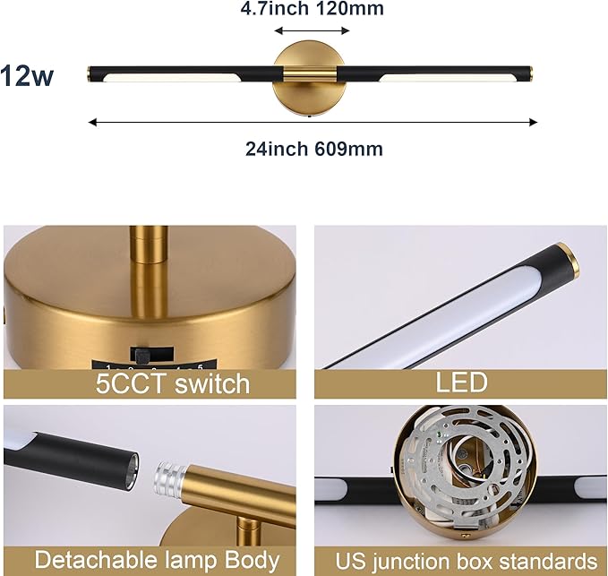 BONLICHT Bathroom Light Fixtures Over Mirror 24 Inch, 12W 350°Rotatable Dimmable 2700-5500K LED Wall Vanity Light Bar Black and Brushed Brass Modern Bathroom Vanity Lights picture and display lighting-Ruum Studio Home
