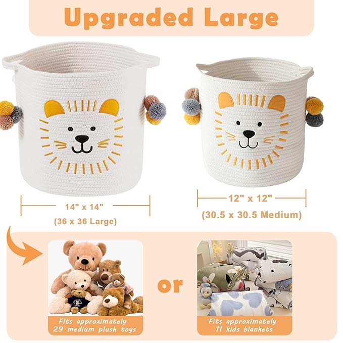 Large Blanket Baskets for Living Room Decor, Toy Storage Baskets Woven Cotton Rope Animal Storage Basket for Kids, Dog Toys Organizer Clothes Hamper with Embroidery Decor for Nursery (Large, Lion)-Ruum Studio Home