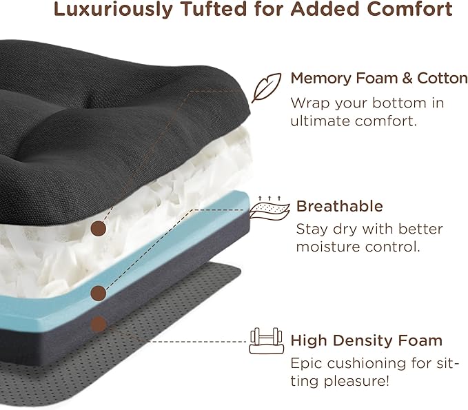 Codi Dining Chair Cushions 4 Pack, Thick Chairs Pads for Indoor Kitchen Room - Washable, Non-Slip Memory Foam Seat Cushion with Ties, 16.5"x16.5"x 3.5", Set of 4, Black-Ruum Studio Home