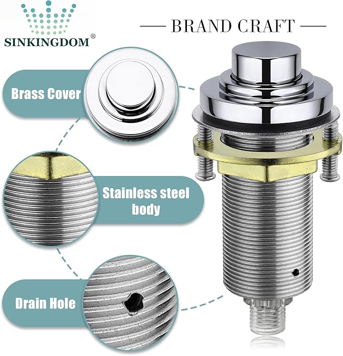 SinkTop Air Switch Kit (Long Full Brass Button) for Garbage Disposal, Cordless Chrome-Ruum Studio Home