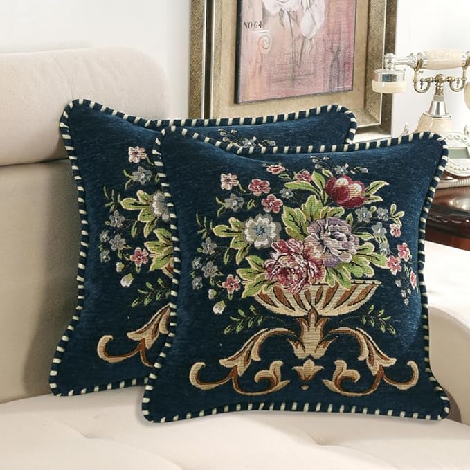 Set of 2 Blue Vintage Embroidered Throw Pillows Covers 18x18in，Vintage Decorations Floral Embroidered Cushion Cover for Sofa Couch Bed Chairs Car-Ruum Studio Home