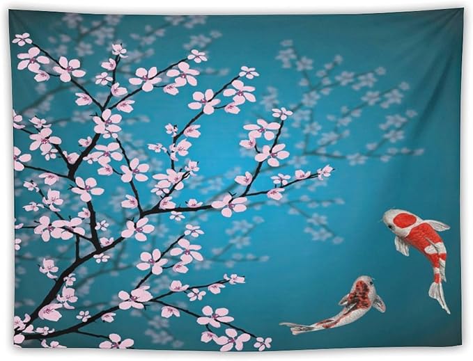 Japanese Koi Fish Tapestry, Cherry Blossoms Asian Oriental Green Teal Flower Branch Koi Fish Carp Tapestries Wall Hanging for Bedroom Living Room Office Decor 40"x30"-Ruum Studio Home