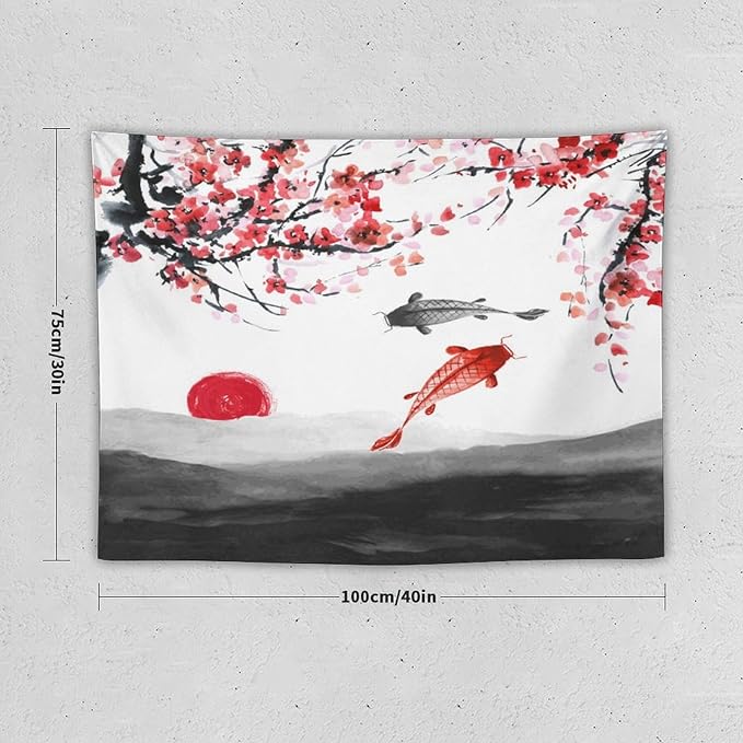 Japanese Koi Fish Tapestries, Cherry Blossoms Asian Oriental Flower Branch Koi Fish Carp Tapestry Wall Hanging for Bedroom Living Room Office Decor 40"x30"-Ruum Studio Home