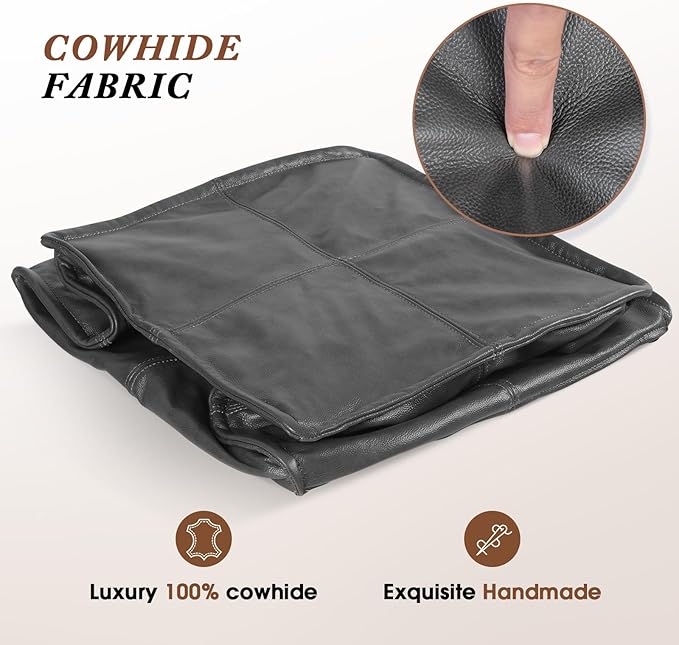 Leather Ottoman,Handmade Stuffed Square Ottoman,Genuine Leather Pouf, Foot Rest Pouf,Comfortable Soft Seating for Living Room & Bedroom (Grey, Square)-Ruum Studio Home