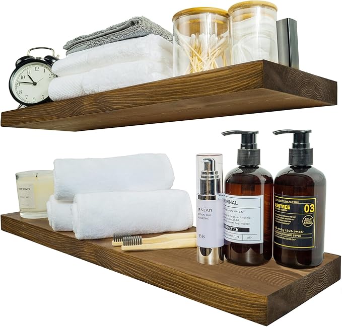 BGMG Wood Floating Shelves for Wall 24 inch Set of 2, Rustic Wooden Wall Mount Shelves for Bathroom Living Room Bedroom Kitchen Farmhouse -24x 6.7 x1.25 inch- Walnut Color-Ruum Studio Home