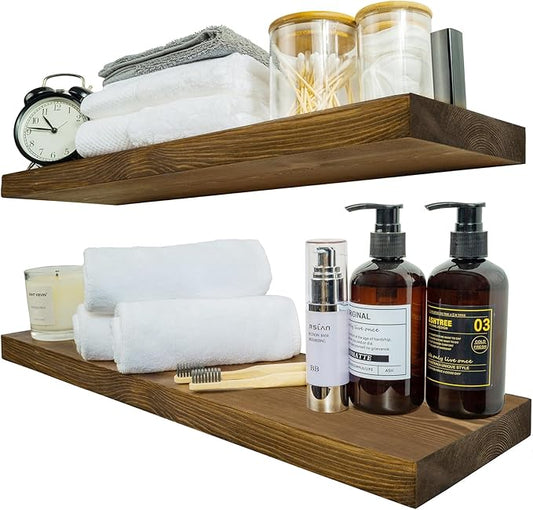 BGMG Wood Floating Shelves for Wall 24 inch Set of 2, Rustic Wooden Wall Mount Shelves for Bathroom Living Room Bedroom Kitchen Farmhouse -24x 6.7 x1.25 inch- Walnut Color-Ruum Studio Home