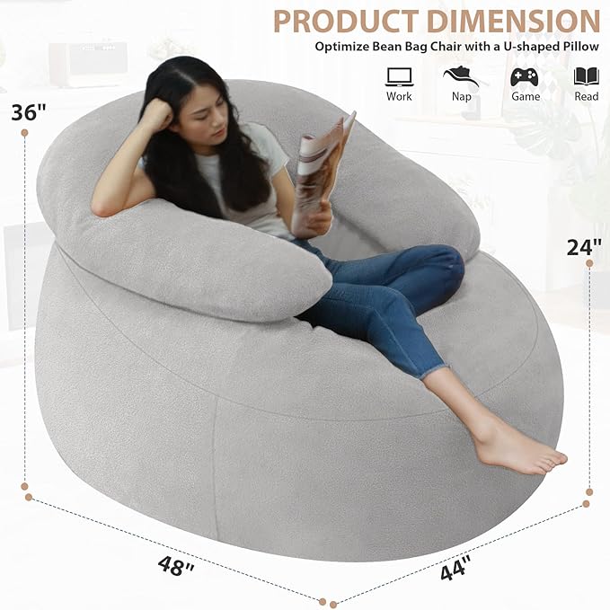 HABUTWAY Bean Bag Chair with U-Shaped Pillow for Adult and Kids Big BeanBag Chair with Filling Ultra Soft Teddy Fleece Couch Chair with Washable Cover for Living Room Bedroom, Light Grey & Light Grey-Ruum Studio Home