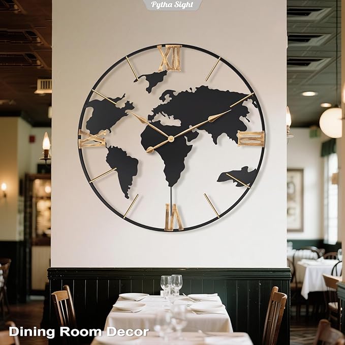 36 Inch Oversized Giant Extra Large Modern Decorative Metal World Map Wall Clock,Big Vintage Gold Roman Numeral Wall Clocks for Living Room,Entryway,Office,Fireplace,Dining Room-Ruum Studio Home