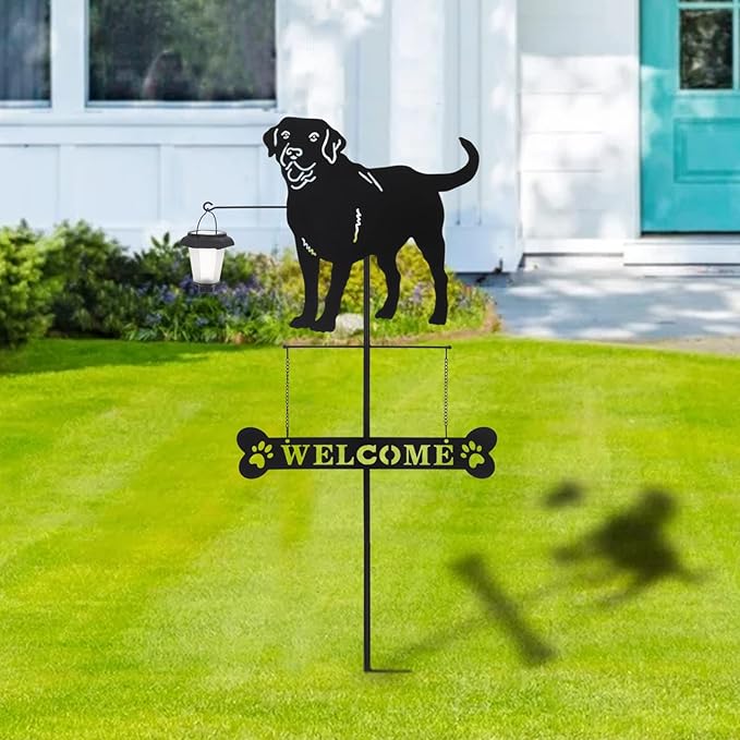 BAYN Solar Labrador Silhouette Dog Breed Welcome Sign with a Lantern Outdoor Decorative Garden Stakes for Yard, Lawn, Patio, Pathway-Ruum Studio Home