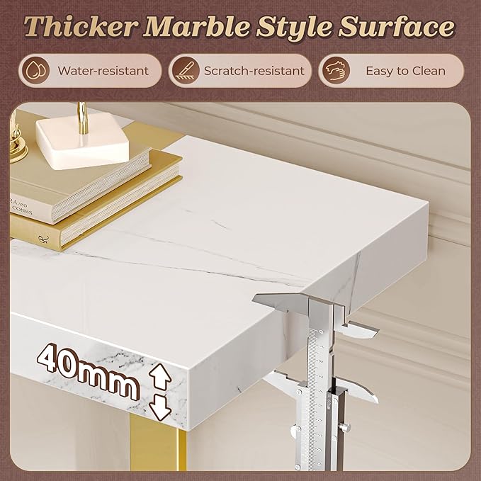Huuger 47.2 Inch Entryway Table with Marble Top, 2-Tier Modern Console Sofa Table with Storage, Accent Table, for Entry, Hallway, Entrance, Foyer, T-Shaped Metal Frame, White Marble & Gold-Ruum Studio Home