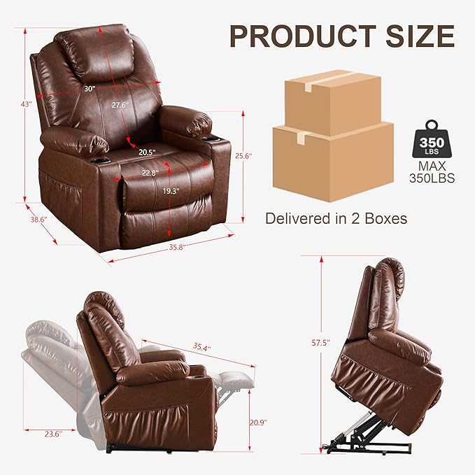 SALOHZA Power Lift Recliner Chair for Elderly with Massage and Heat for Living Room, Electric Recliner Chair for Adults with USB/Type C Port/Cup Holders, PU Faux Leather, Dark Brown-Ruum Studio Home