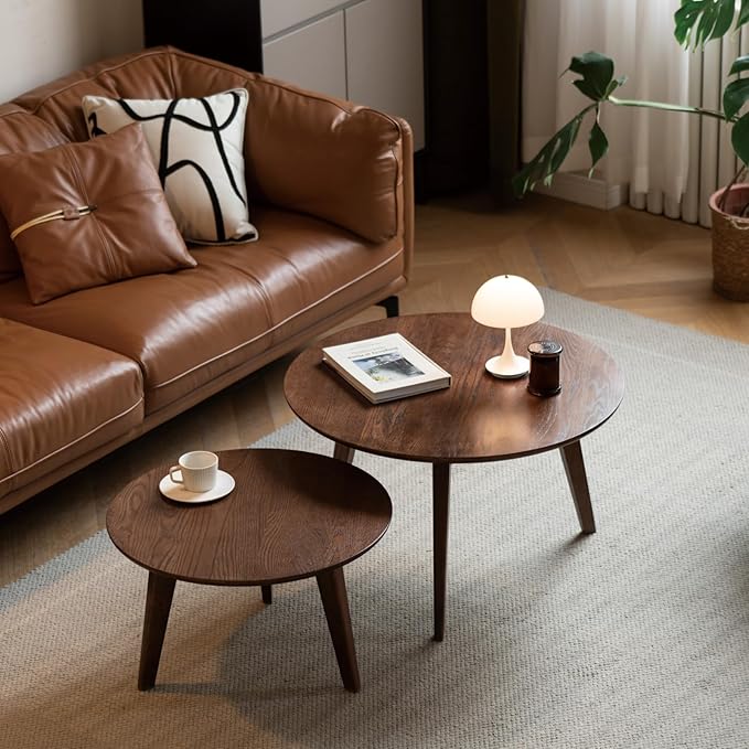 100% Solid Oak Wood Coffee Table Set, Round Coffee Table Combo Side Table w/Solid Wood Legs, Mid Century Table Sturdy Tables for Bedroom Balcony Living Room (Walnut, Big-Medium Combo)-Ruum Studio Home