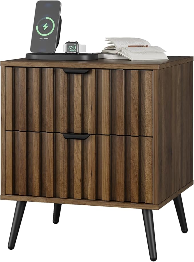 Smuxee Walnut Wooden Night Stand, Mid Century Nightstand with 2 Fluted Drawers, Bedside Table with Metal Feet, Modern End Side Table for Bedroom-Ruum Studio Home