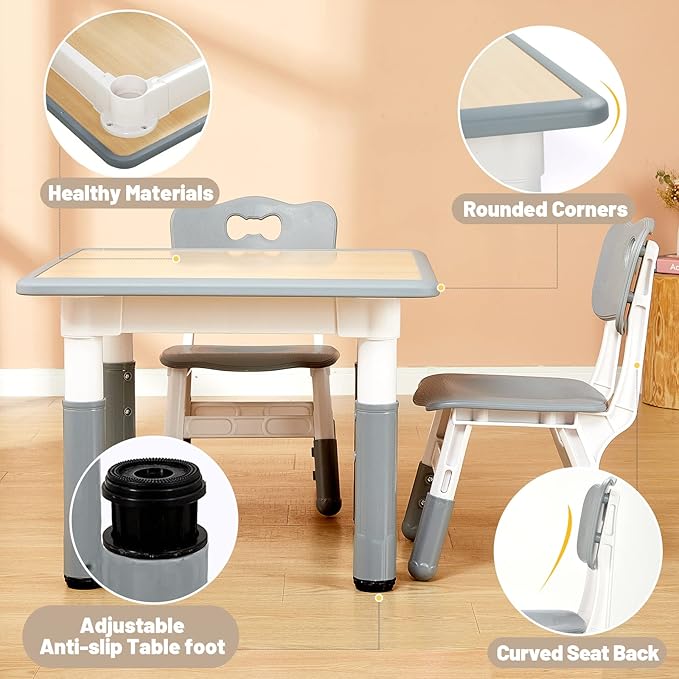 FUNLIO Kids Table and 4 Chairs Set, Height Adjustable Toddler Table and Chair Set for Ages 3-8, Easy to Wipe Arts & Crafts Table, for Classrooms/Daycares/Homes, CPC & CE Approved (5-Piece Set) - Gray-Ruum Studio Home