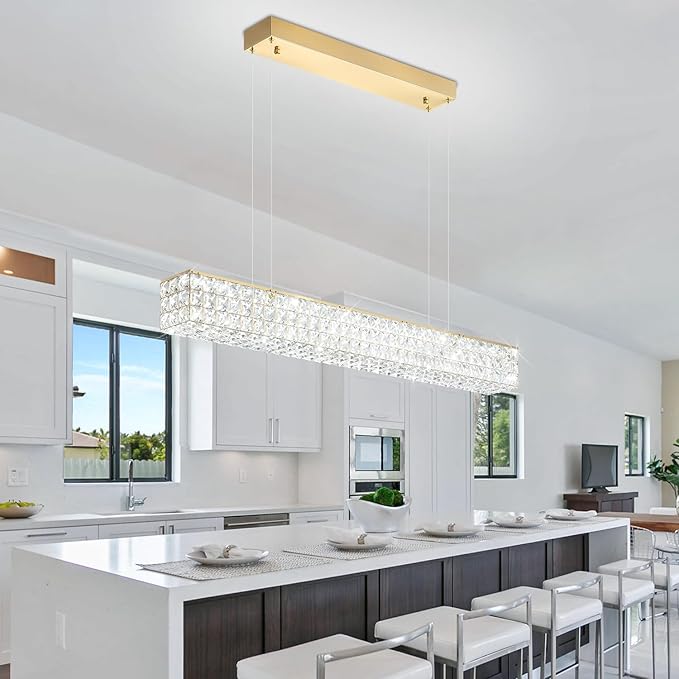 Rectangle Crystal Chandelier Modern Gold Crystal Chandelier Rectangular Pendant Lighting Fixture for Dining Room Kitchen Island Bedroom (L 40")-Ruum Studio Home