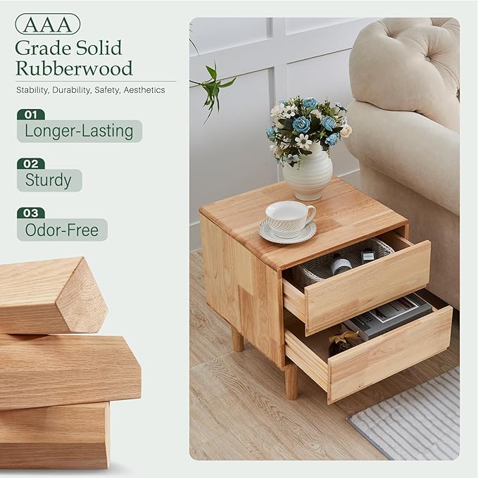 Modern Solid Wood Nightstand with Drawers - Mid Century Modern 2 Drawer Natural Wooden Small Narrow Nightstand Bedside Side End Table with Storage for Living Room Bedroom, 15.7" D x 17.1" W x 19.6" H-Ruum Studio Home