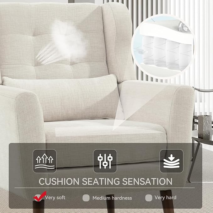 Modern Accent Chair, Upholstered Armchair with Pillow, Fabric Single Sofa Chair with Lounge Seat and Wood Legs Accent Chair for Living Room Bedroom Small Spaces (Beige, Set of 1)-Ruum Studio Home
