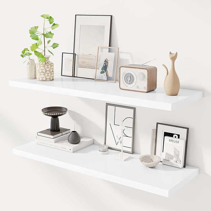 40" Floating Shelves for Wall, 12" Deep Slim White Floating Shelves, Wall-Mounted Shelves for Bedroom, Living Room, Kitchen, Bathroom - Set of 2-Ruum Studio Home