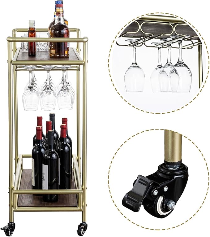 MyGift 2 Tier Rolling Bar Cart, Vintage Brass Tone Metal Cocktail and Wine Trolley with Burnt Wood Shelf Trays, Wine Glass Stemware Holder Rack and Lockable Wheels-Ruum Studio Home