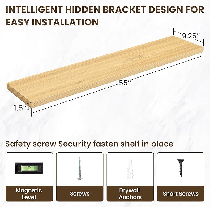 55 Inch Floating Shelves, 3D Textured Wood Grain, 55"x9.25"x1.5" Inch Deep Floating Shelves for Wall, Wooden Shelves for Bathroom, Bedroom, Living Room, Natural-Ruum Studio Home