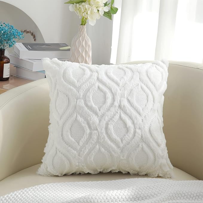 decorUhome Throw Pillow Covers 16x16 Inch Set of 2, Soft Plush Decorative Faux Fur Cream Beige Solid Couch Pillow Covers, Accent Farmhouse Neutral Square Euro Pillow Cases for Sofa Bed Living Room-Ruum Studio Home