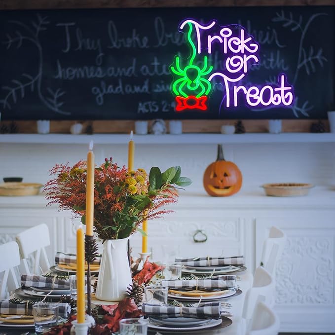 Trick Or Treat Neon Sign Funny Spider Candy LED Neon Light for Wall Decor Dimmable USB Halloween Light Up Sign for Halloween Party Home Neon Decor (16.7 * 12.8In)-Ruum Studio Home