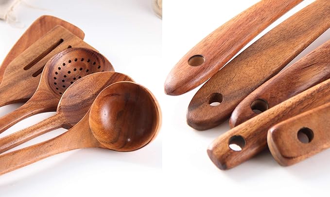 Wooden Spoons for Cooking, Cooking Utensils Set of 6 Natural Teak Wooden Cooking Spatulas with Utensils Holder Comfort Grip Wooden Kitchen Utensils for Nonstick Cookware