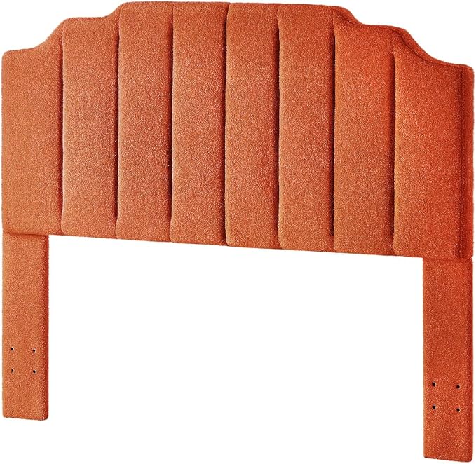 24KF Orange Teddy Fabric Tufted for Queen Upholstered Headboard, Modern Vertical Channel Design Full Headboard with Stepped Silhouette Top Edge,6026-Q-Teddy Orange-Ruum Studio Home