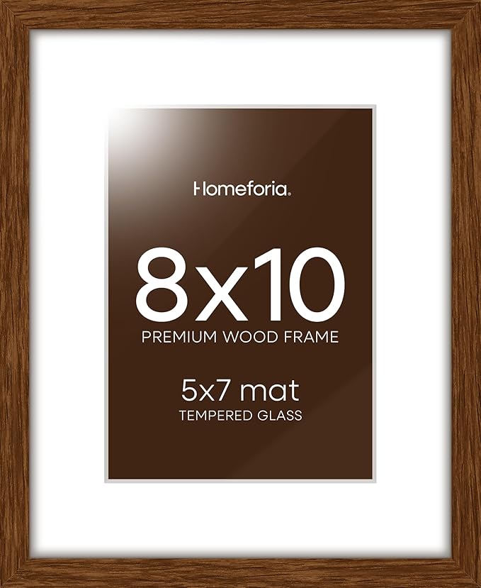 Homeforia 8x10 Picture Frame Brown, High End Dark Oak 8 x 10 Walnut Wooden Frames with Mat 5 by 7 Photo, 8x10 Wood Frame Matted to 5x7 Print, Wall or Tabletop Frame, Tempered Glass, Wall Kit, Set of 1-Ruum Studio Home