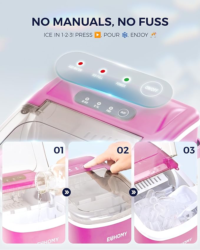 EUHOMY Countertop Ice Maker Machine with Handle, 26lbs in 24Hrs, 9 Ice Cubes Ready in 6 Mins, Auto-Cleaning Portable Ice Maker with Basket and Scoop, for Home/Kitchen/Camping/RV. (Pink)-Ruum Studio Home