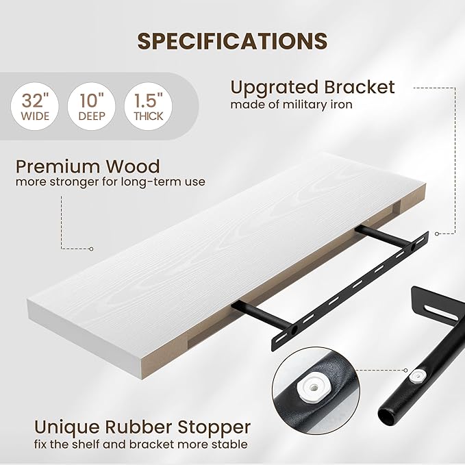 Fun Memories Floating Shelves for Wall, 32 Inch Long Floating Shelves Set of 2, 32 x 10 Wooden Shelves for Wall, Large Storage Shelves, Hanging Shelves for Bathroom Kitchen Bedroom, White-Ruum Studio Home