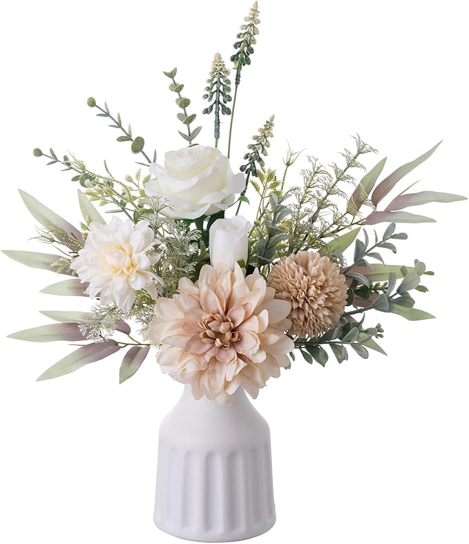 Fake Flowers in Vase, Artificial Flowers with Vase, 15.7'' Floral Arrangements for Dining Table Centerpiece Decor, Silk Roses & Faux Dahlia Bouquet for Farmfouse Kitchen Coffee Table Decor (Brown)-Ruum Studio Home