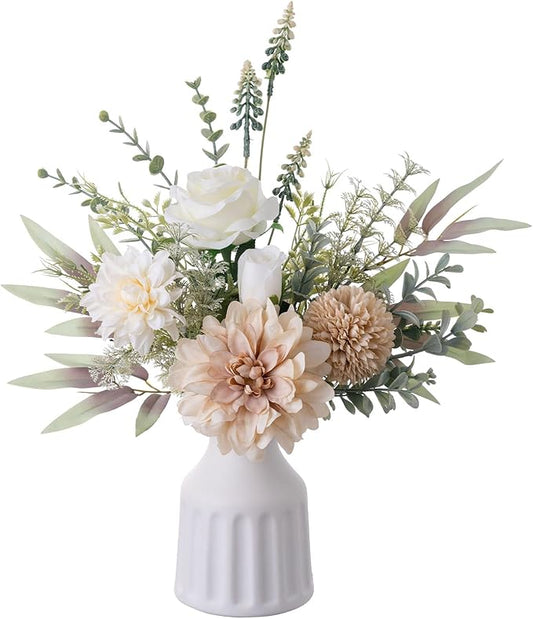 Fake Flowers in Vase, Artificial Flowers with Vase, 15.7'' Floral Arrangements for Dining Table Centerpiece Decor, Silk Roses & Faux Dahlia Bouquet for Farmfouse Kitchen Coffee Table Decor (Brown)-Ruum Studio Home