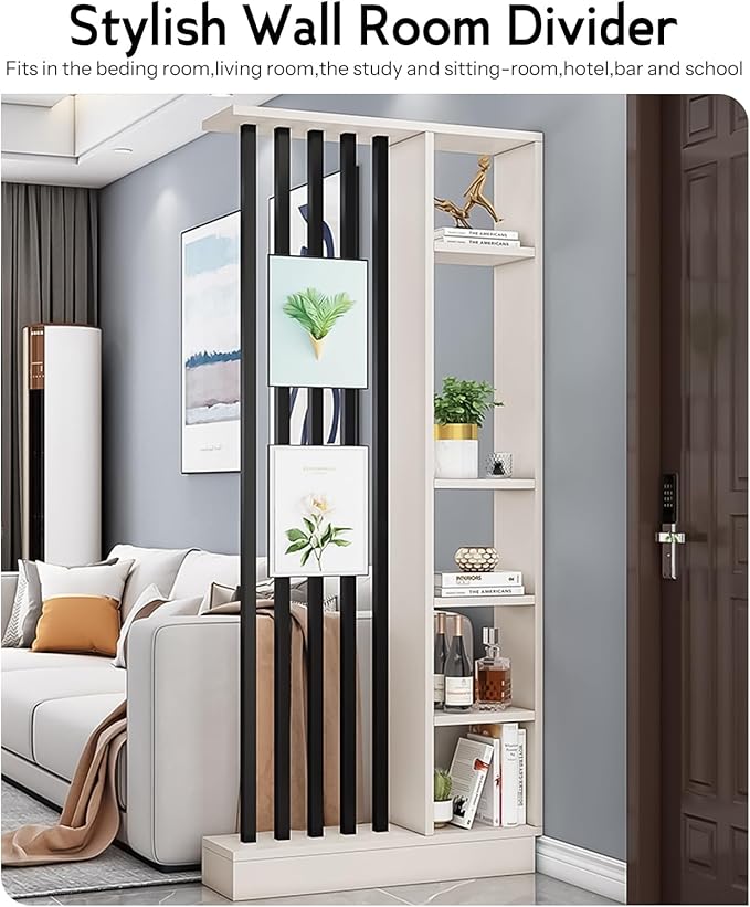 Wall Room Divider, Storage Cabinet Storage Display with Shelves, Modern Freestanding Wood Room Divider Screen, Wall Privacy Screens for Home Decorative (Beige+Black,35.4" L x 9.5" W x 79.5" H)-Ruum Studio Home