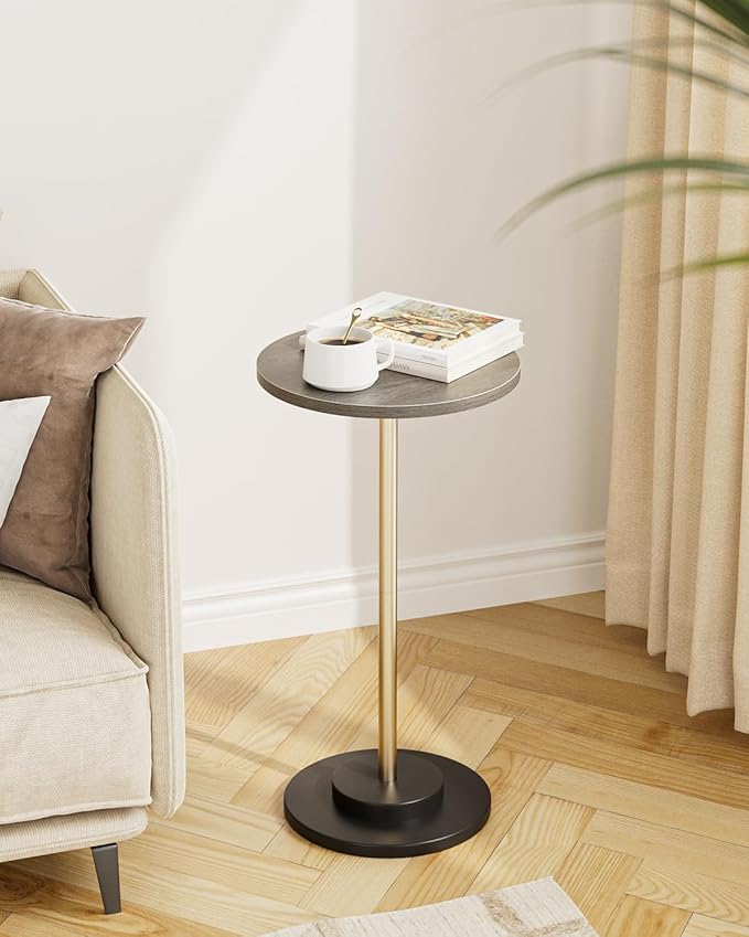 Masupu Drink Table, Round Side Table for Small Spaces, Pedestal Side Table, Small End Table with Metal Base, for Living Room, Bedroom, Bathroom, Grey-Ruum Studio Home