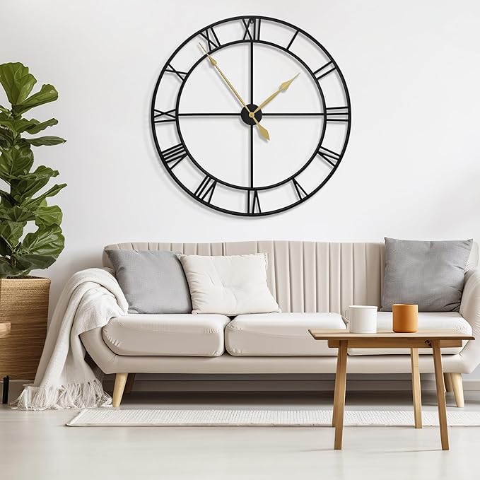 LEIKE 40 Inch Extra Large Modern Wall Clock, Oversize Rustic Round Nearly Silent Battery Operated, Black Metal Roman Numerals Wall Clocks for Living Room, Bedroom, Entrance Home Decor-Ruum Studio Home