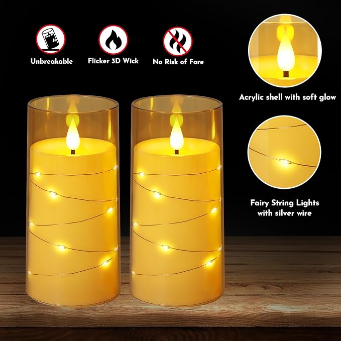 NURADA 3"x6"Flickering Flameless Candles: Built-in Star String Lights Acrylic Battery Operated LED Pillar Candles with Remote and Timer for Romantic Mood Home Decoration - 2 Pack Gold-Ruum Studio Home
